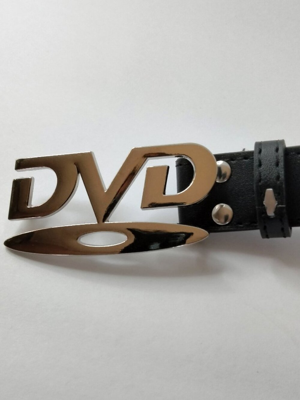Vintage Y2K DVD Logo Belt Black Faux Leather Chrome Buckle 41.34" Small/Medium